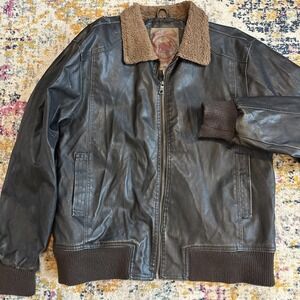 VTG Red Camel Faux Leather Bomber Jacket Shearling Collar Brown Aviation Mens LG